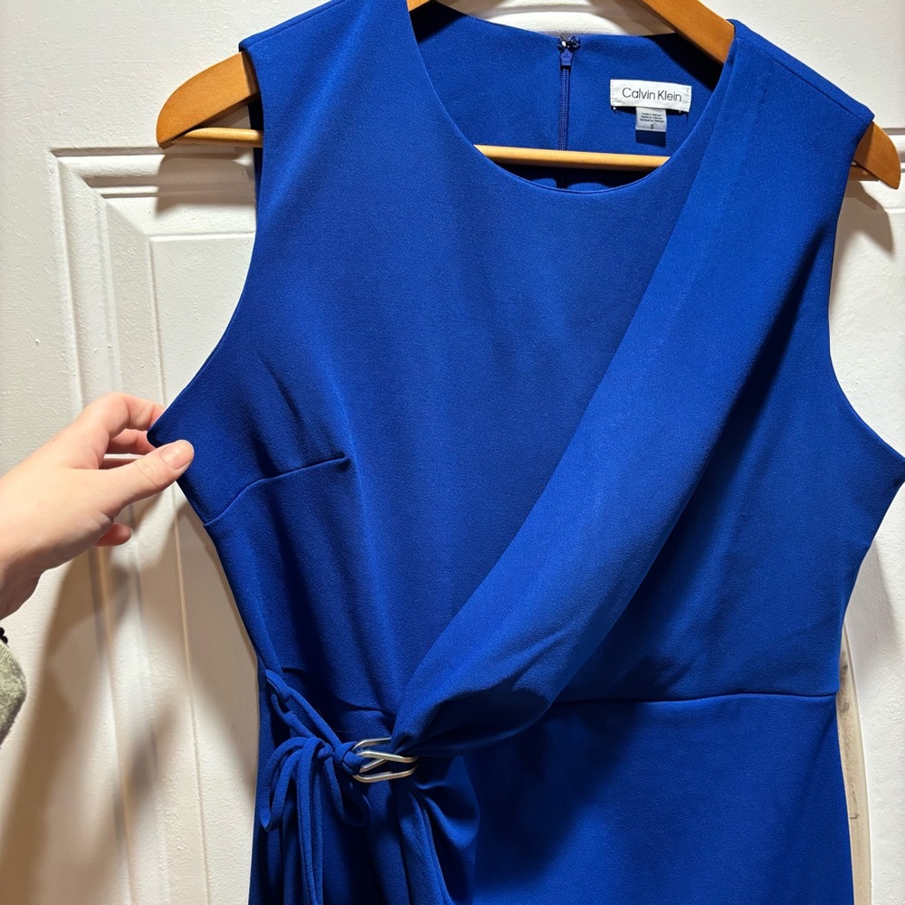 Women’s Blue Calvin Klein Dress Size 12, Beautiful Blue Sleeveless Wrap Dress - Picture 9 of 12